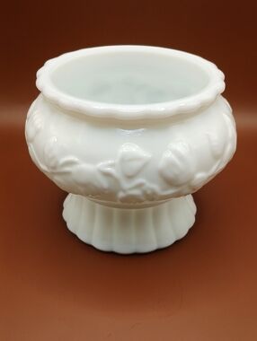 Vintage Heavy White Milk Glass Emobossed Candy Pedestal Bowl Dish
